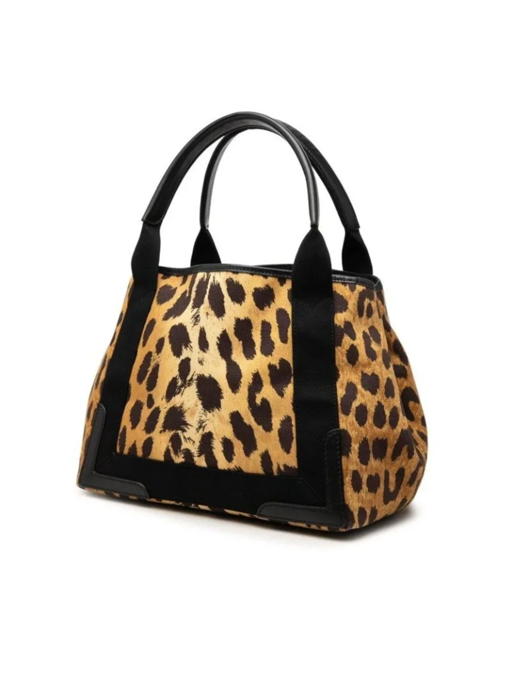 Balenciaga Navy Cabas S Tote Bag Leopard Print Brown Canvas Leather
